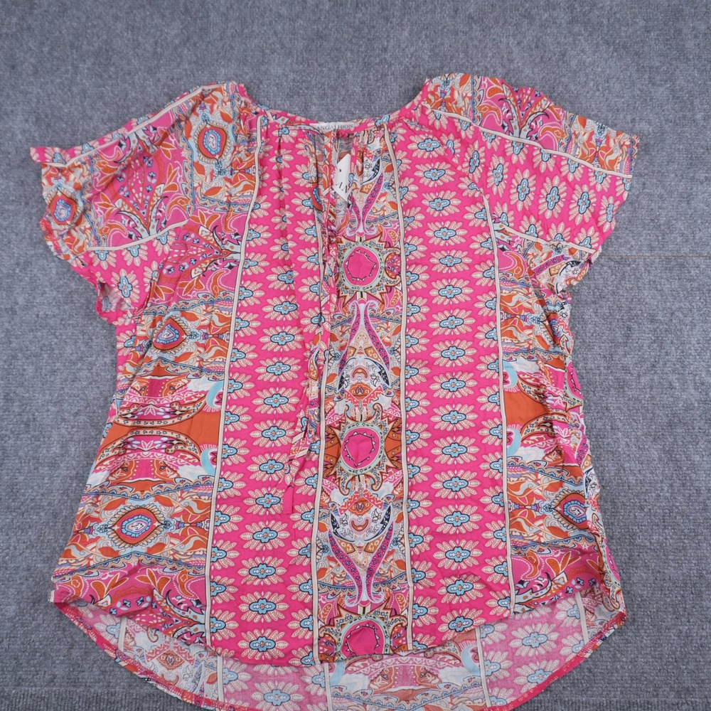 Angashion Blouse Womens XL Pink Paisley Floral Split Neck Tie Boho Top